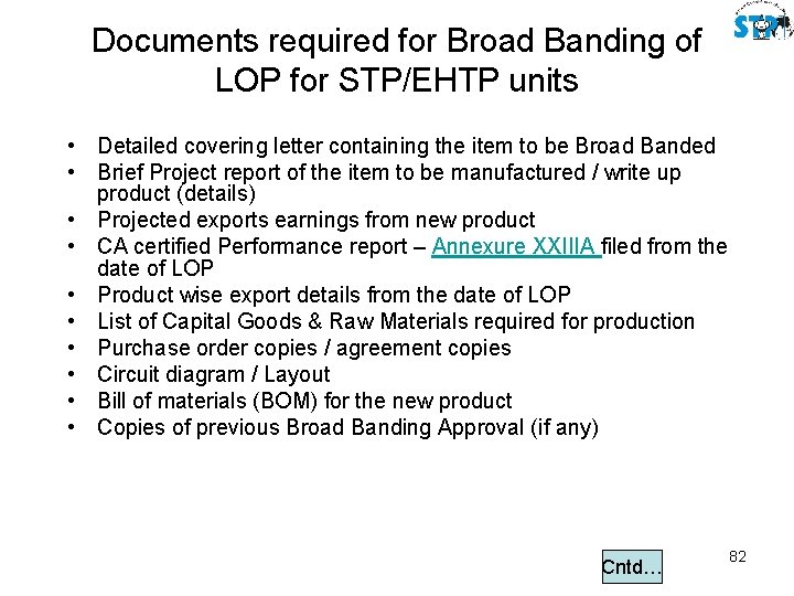 Documents required for Broad Banding of LOP for STP/EHTP units • Detailed covering letter