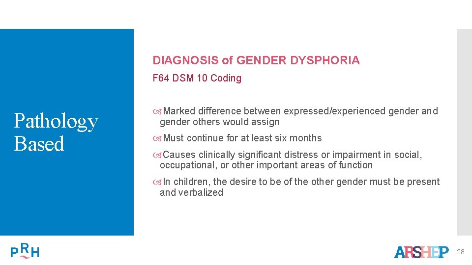 DIAGNOSIS of GENDER DYSPHORIA F 64 DSM 10 Coding Pathology Based Marked difference between