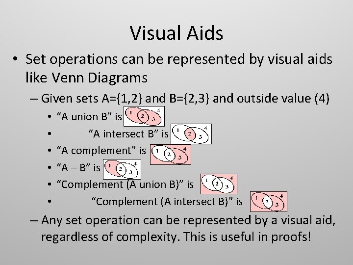 Visual Aids • Set operations can be represented by visual aids like Venn Diagrams