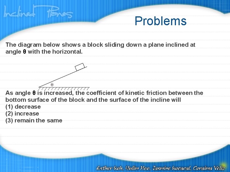 Problems The diagram below shows a block sliding down a plane inclined at angle