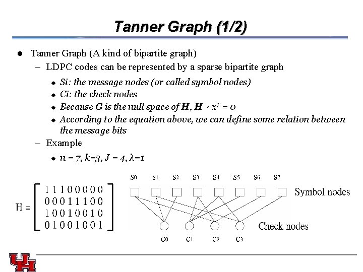 Tanner Graph (1/2) l Tanner Graph (A kind of bipartite graph) – LDPC codes