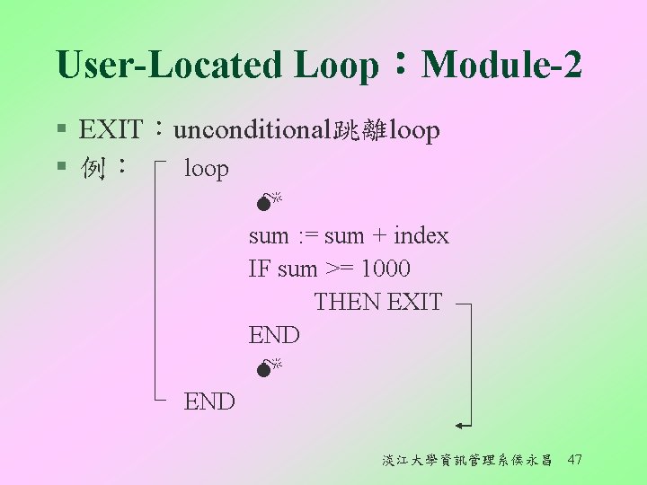 User-Located Loop：Module-2 § EXIT：unconditional跳離loop § 例： loop sum : = sum + index IF