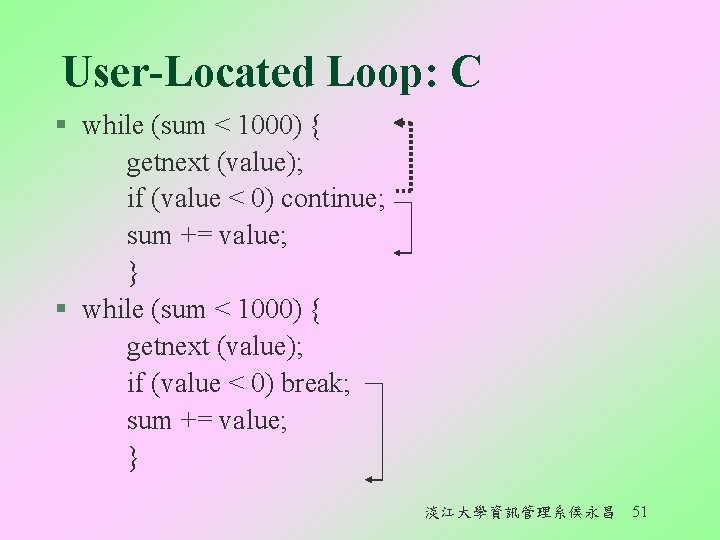 User-Located Loop: C § while (sum < 1000) { getnext (value); if (value <