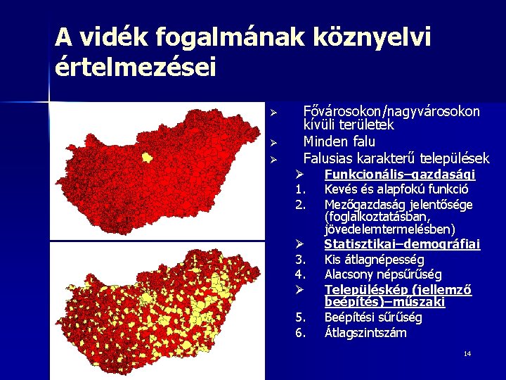 A vidék fogalmának köznyelvi értelmezései Ø Ø Ø Fővárosokon/nagyvárosokon kívüli területek Minden falu Falusias