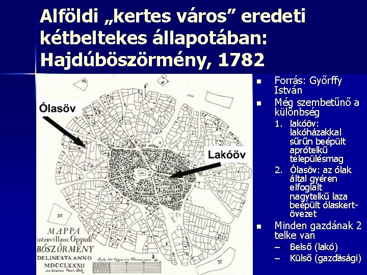 Alföldi „kertes város” eredeti kétbeltekes állapotában: Hajdúböszörmény, 1782 n n Forrás: Győrffy István Még