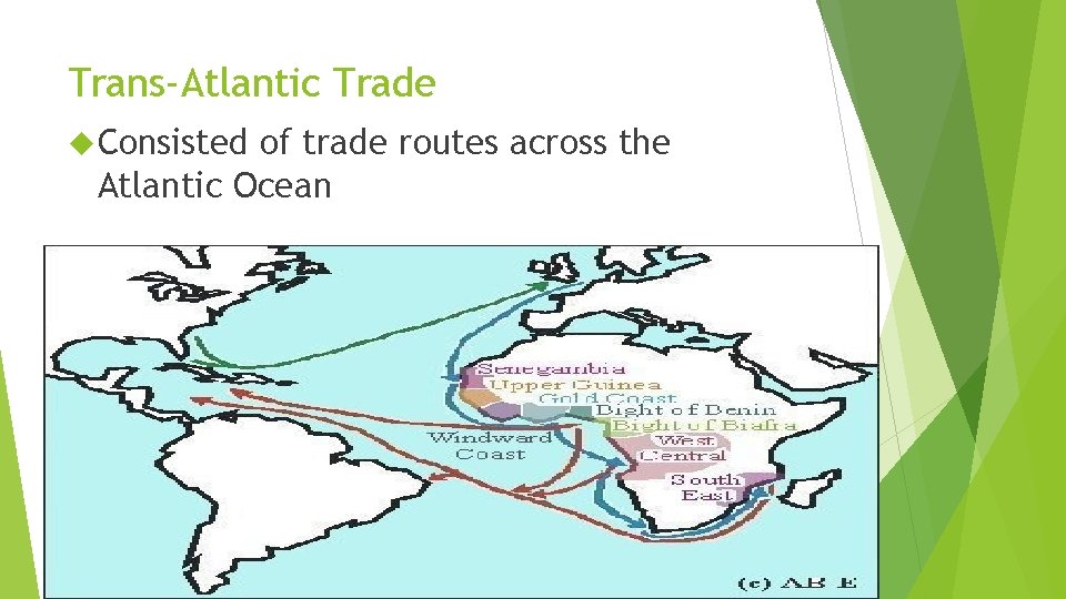 Trans-Atlantic Trade Consisted of trade routes across the Atlantic Ocean 