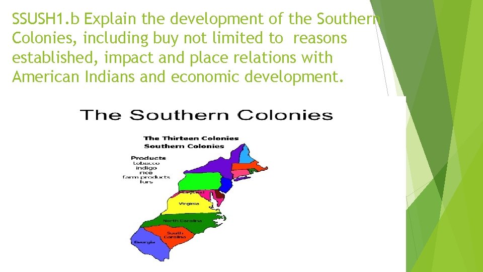 SSUSH 1. b Explain the development of the Southern Colonies, including buy not limited