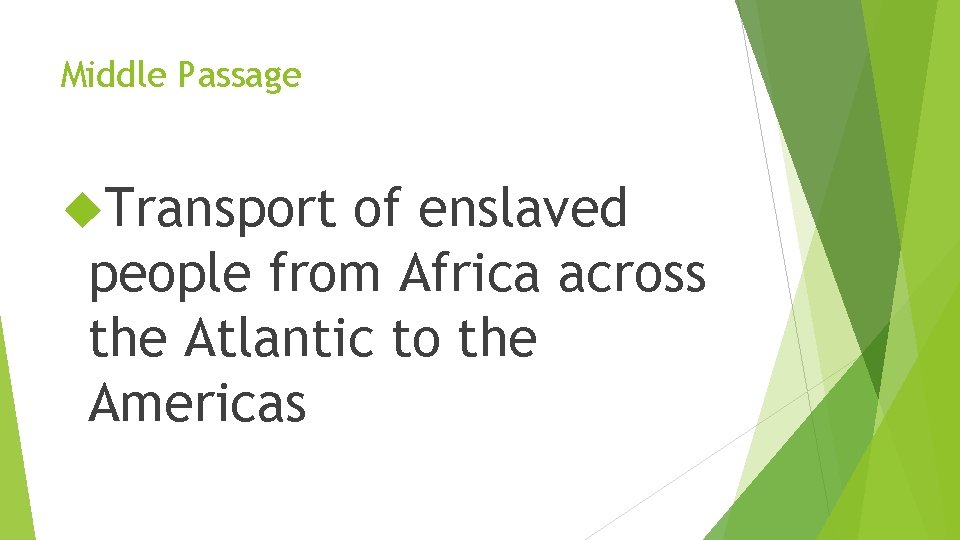 Middle Passage Transport of enslaved people from Africa across the Atlantic to the Americas