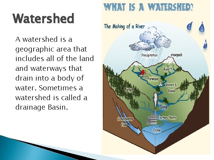 Watershed A watershed is a geographic area that includes all of the land waterways