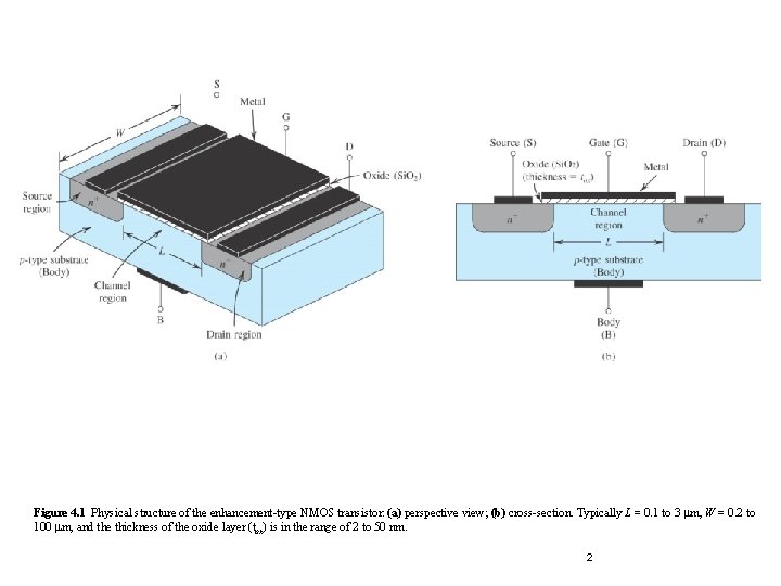 Figure 4. 1 Physical structure of the enhancement-type NMOS transistor: (a) perspective view; (b) Figure 4. 1 Physical structure of the enhancement-type NMOS transistor: (a) perspective view; (b)