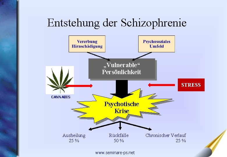 6 Entstehung der Schizophrenie „Vulnerable“ Persönlichkeit STRESS CANNABIS Psychotische Krise Ausheilung 25 % Rückfälle