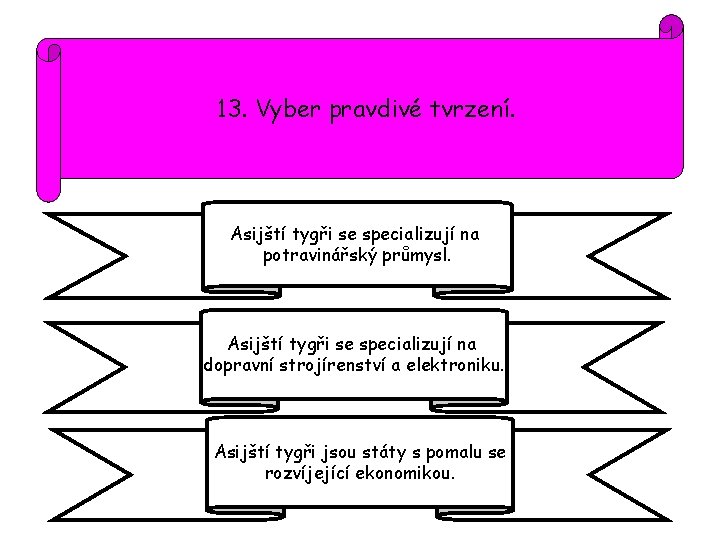 13. Vyber pravdivé tvrzení. Asijští tygři se specializují na potravinářský průmysl. Asijští tygři se