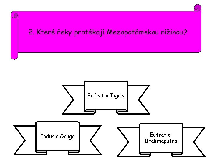 2. Které řeky protékají Mezopotámskou nížinou? Eufrat a Tigris Indus a Ganga Eufrat a