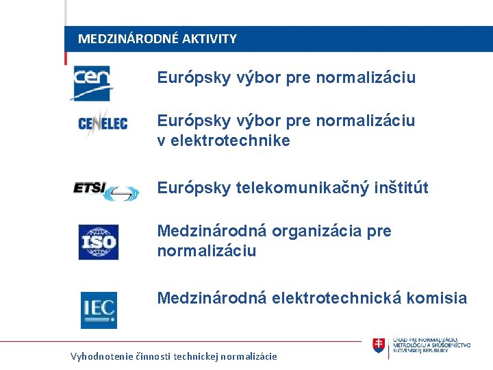MEDZINÁRODNÉ AKTIVITY Európsky výbor pre normalizáciu v elektrotechnike Európsky telekomunikačný inštitút Medzinárodná organizácia pre MEDZINÁRODNÉ AKTIVITY Európsky výbor pre normalizáciu v elektrotechnike Európsky telekomunikačný inštitút Medzinárodná organizácia pre