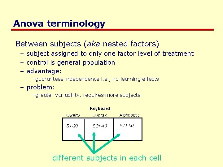 Anova terminology Between subjects (aka nested factors) – subject assigned to only one factor