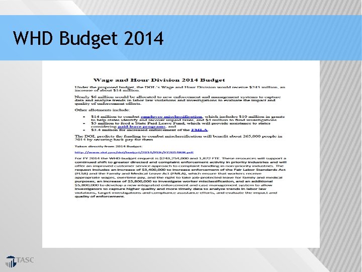 WHD Budget 2014 