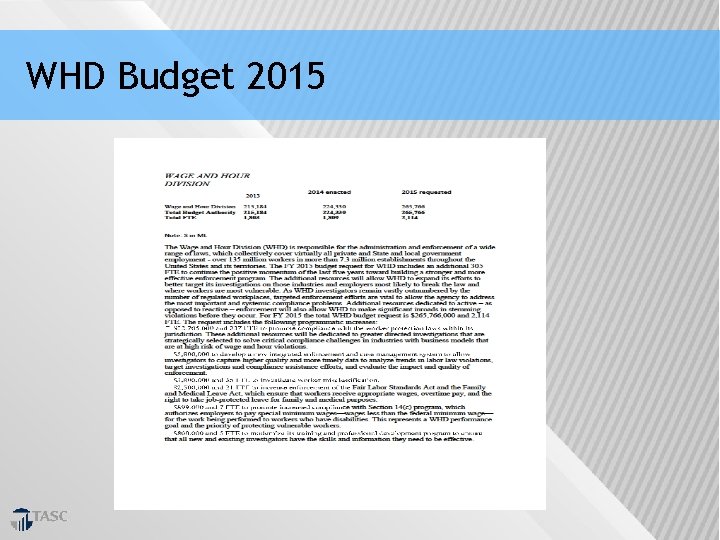 WHD Budget 2015 