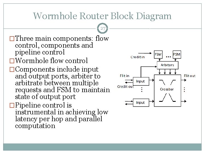 Wormhole Router Block Diagram 27 �Three main components: flow control, components and pipeline control