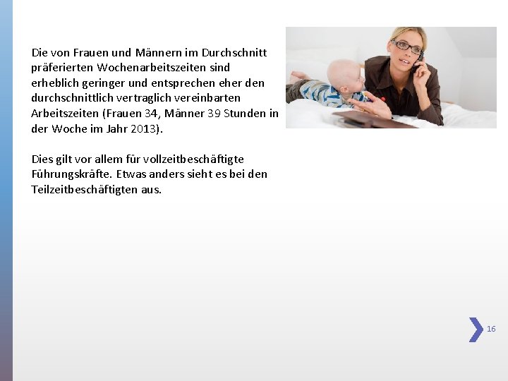 Die von Frauen und Männern im Durchschnitt präferierten Wochenarbeitszeiten sind erheblich geringer und entsprechen