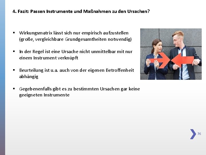 4. Fazit: Passen Instrumente und Maßnahmen zu den Ursachen? § Wirkungsmatrix lässt sich nur