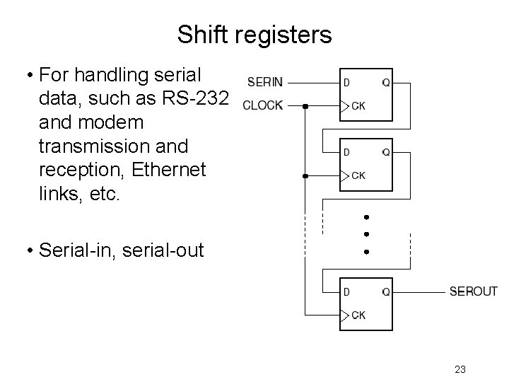 Shift registers • For handling serial data, such as RS-232 and modem transmission and