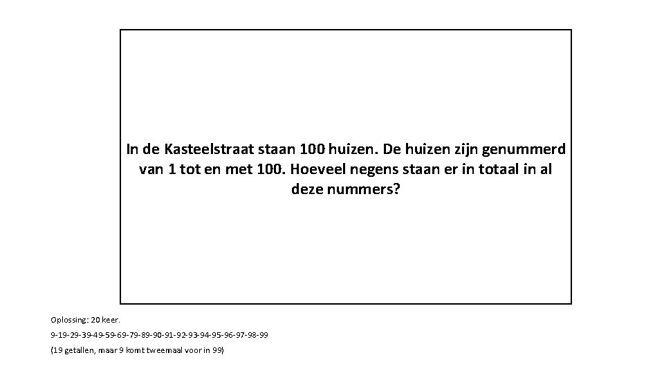 In de Kasteelstraat staan 100 huizen. De huizen zijn genummerd van 1 tot en