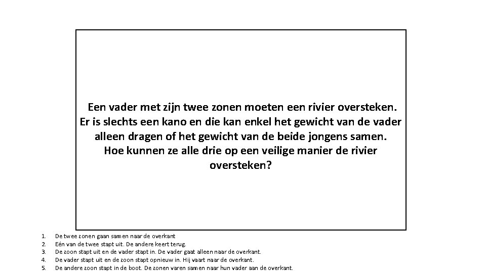 Een vader met zijn twee zonen moeten een rivier oversteken. Er is slechts een