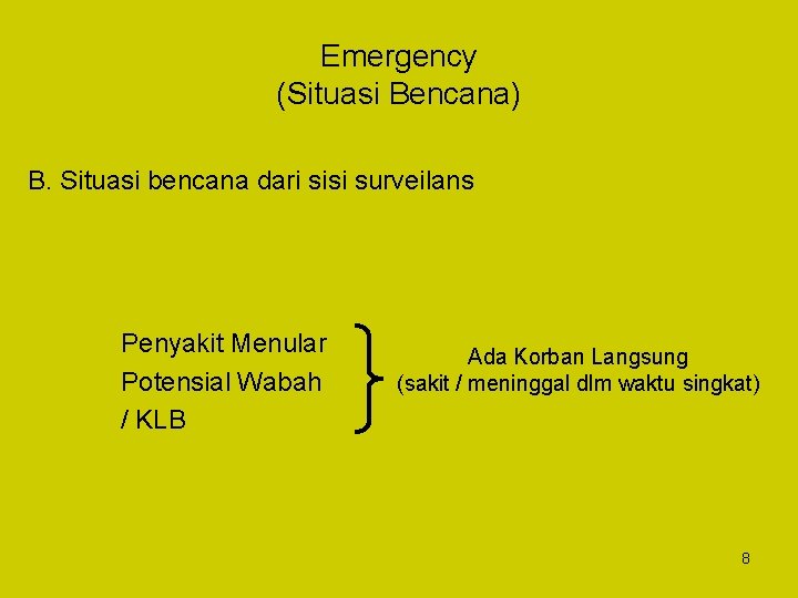 Emergency (Situasi Bencana) B. Situasi bencana dari sisi surveilans Penyakit Menular Potensial Wabah /