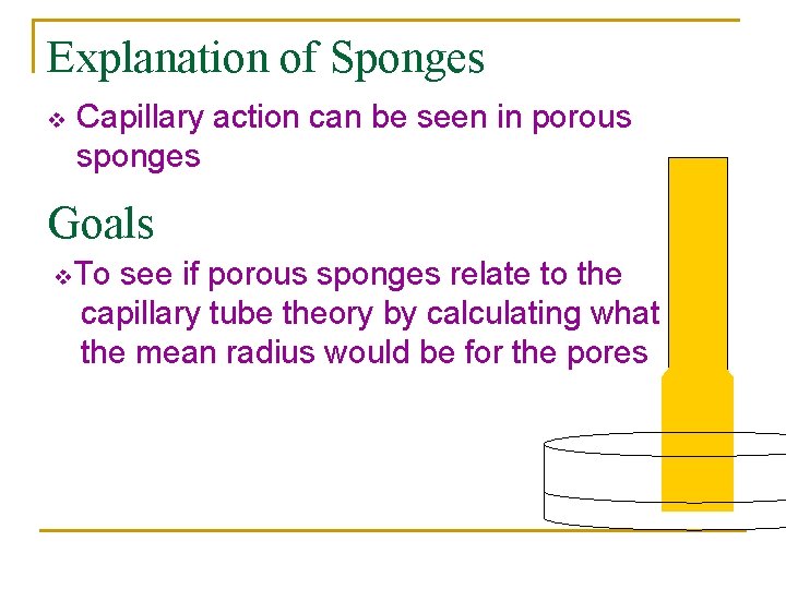 Explanation of Sponges v Capillary action can be seen in porous sponges Goals v.