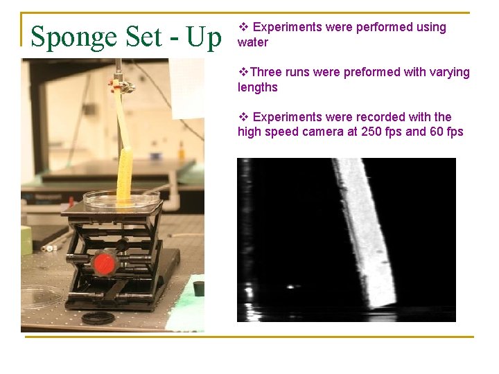 Sponge Set - Up v Experiments were performed using water v. Three runs were