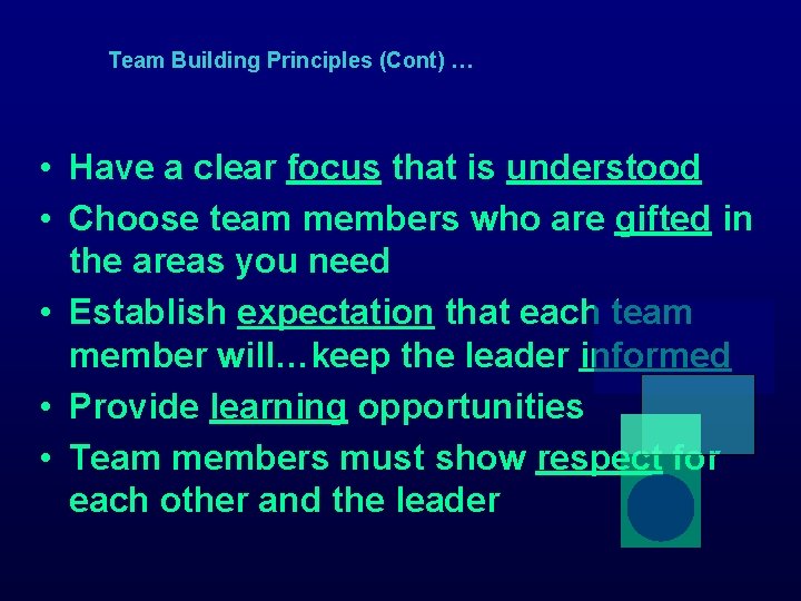 Team Building Principles (Cont) … • Have a clear focus that is understood •