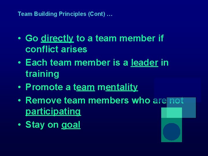 Team Building Principles (Cont) … • Go directly to a team member if conflict