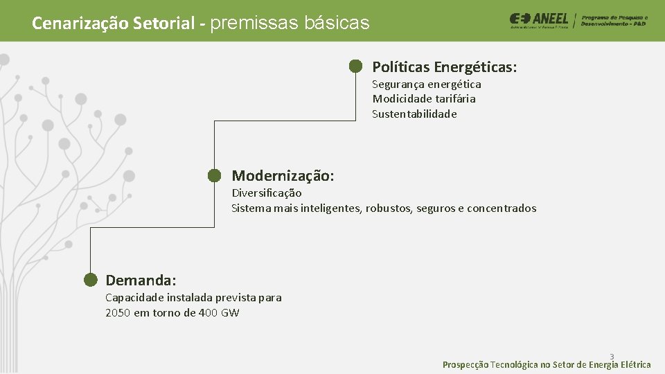 Cenarização Setorial - premissas básicas Políticas Energéticas: Segurança energética Modicidade tarifária Sustentabilidade Modernização: Diversificação Cenarização Setorial - premissas básicas Políticas Energéticas: Segurança energética Modicidade tarifária Sustentabilidade Modernização: Diversificação