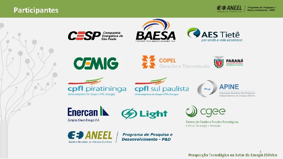 Participantes 4 Prospecção Tecnológica no Setor de Energia Elétrica Participantes 4 Prospecção Tecnológica no Setor de Energia Elétrica