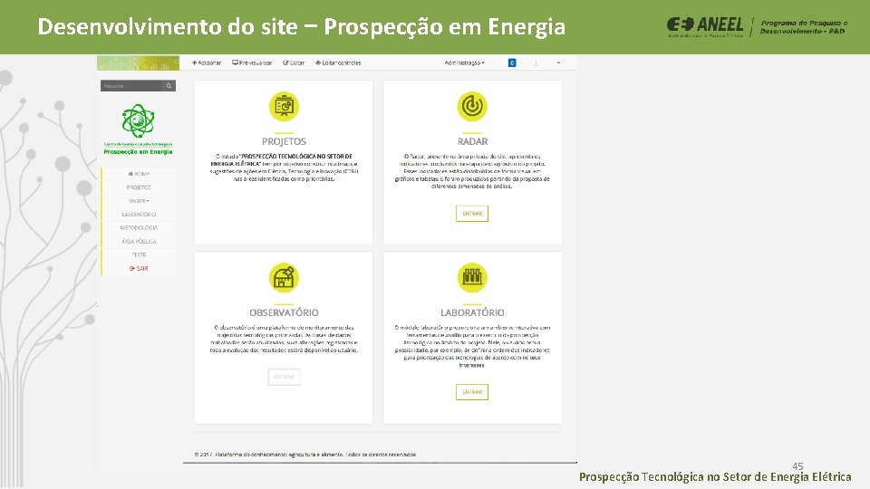Desenvolvimento do site – Prospecção em Energia 45 Prospecção Tecnológica no Setor de Energia Desenvolvimento do site – Prospecção em Energia 45 Prospecção Tecnológica no Setor de Energia