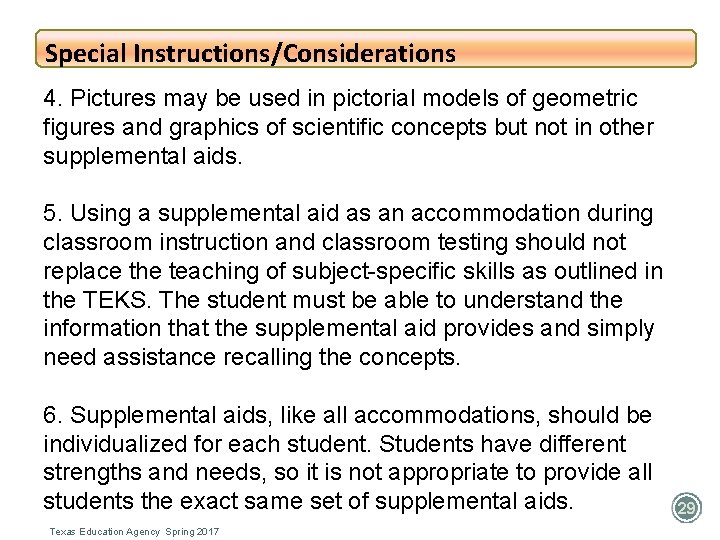 Special Instructions/Considerations 4. Pictures may be used in pictorial models of geometric figures and Special Instructions/Considerations 4. Pictures may be used in pictorial models of geometric figures and
