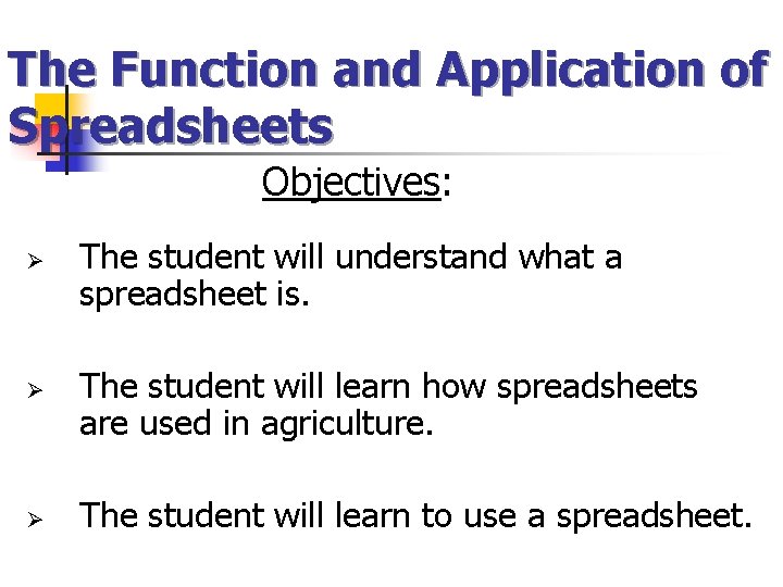 The Function and Application of Spreadsheets Objectives: Ø Ø Ø The student will understand