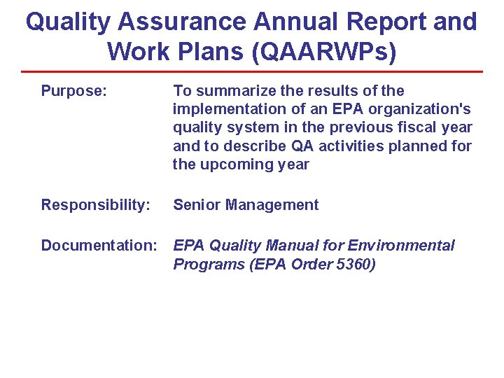 Quality Assurance Annual Report and Work Plans (QAARWPs) Purpose: To summarize the results of