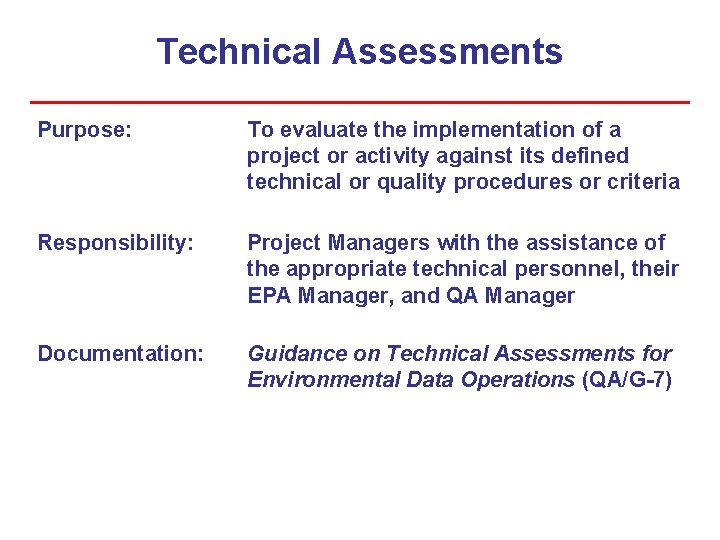 Technical Assessments Purpose: To evaluate the implementation of a project or activity against its