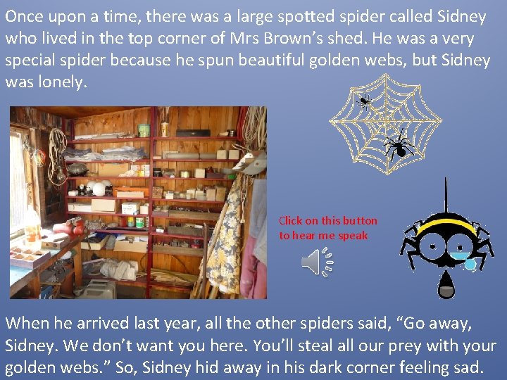 Once upon a time, there was a large spotted spider called Sidney who lived