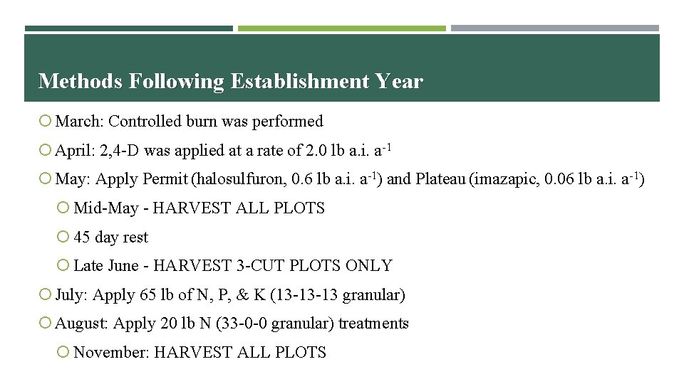 Methods Following Establishment Year March: Controlled burn was performed April: 2, 4 -D was