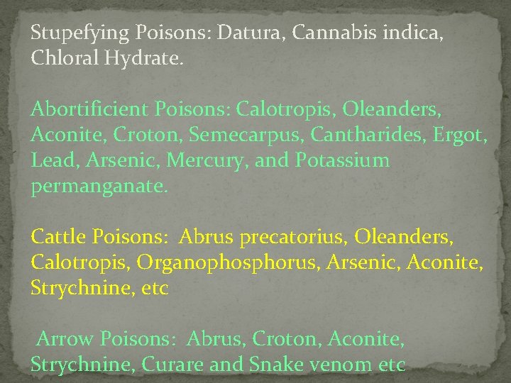 Stupefying Poisons: Datura, Cannabis indica, Chloral Hydrate. Abortificient Poisons: Calotropis, Oleanders, Aconite, Croton, Semecarpus,