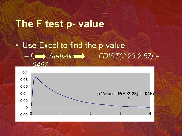 The F test p- value • Use Excel to find the p-value – fx