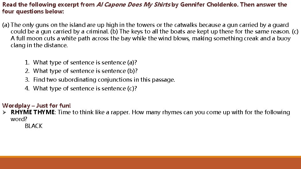 Read the following excerpt from Al Capone Does My Shirts by Gennifer Choldenko. Then
