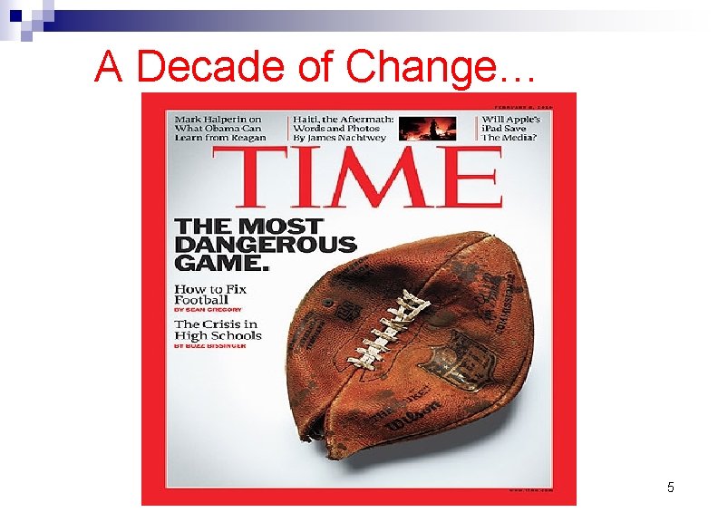 A Decade of Change… “Congress draws needed attention to concussions” Hearings put pressure on