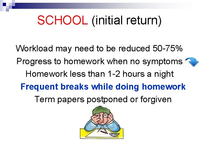 SCHOOL (initial return) Workload may need to be reduced 50 -75% Progress to homework