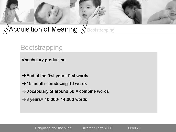 Acquisition of Meaning Bootstrapping Vocabulary production: End of the first year= first words 15