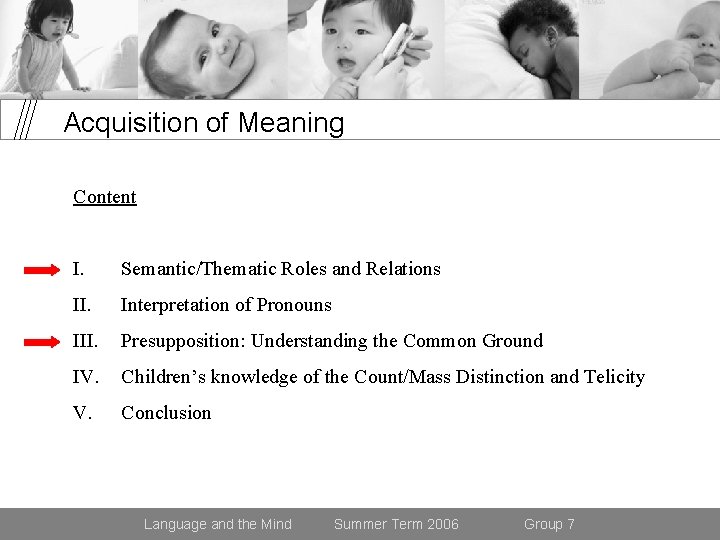 Acquisition of Meaning Content I. Semantic/Thematic Roles and Relations II. Interpretation of Pronouns III.