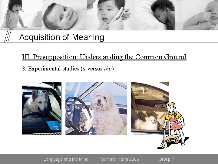 Acquisition of Meaning III. Presupposition: Understanding the Common Ground 3. Experimental studies (a versus