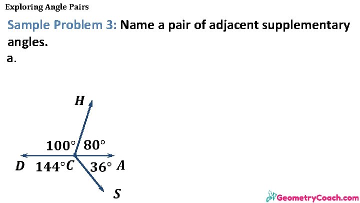 Exploring Angle Pairs Sample Problem 3: Name a pair of adjacent supplementary angles. a. Exploring Angle Pairs Sample Problem 3: Name a pair of adjacent supplementary angles. a.